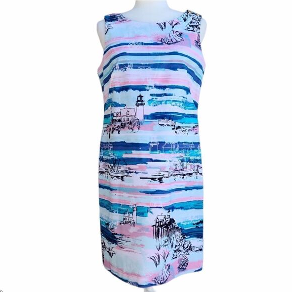 New Artfully Sketched Graphic Design Sheath Dress Size 8 Petite Zip Up Cotton - Picture 2 of 14